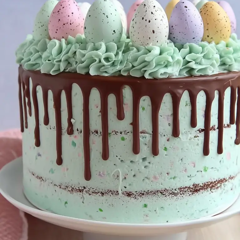 : Easter Speckled Egg Drip Cake with colorful mini eggs and chocolate ganache