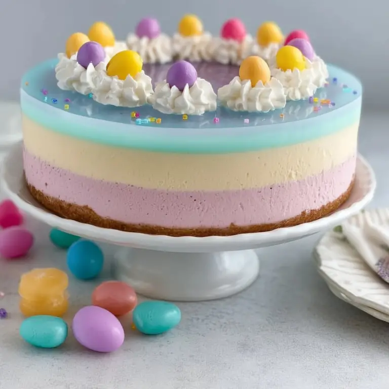 Easter JELLO Cheesecake with colorful layered gelatin and creamy filling