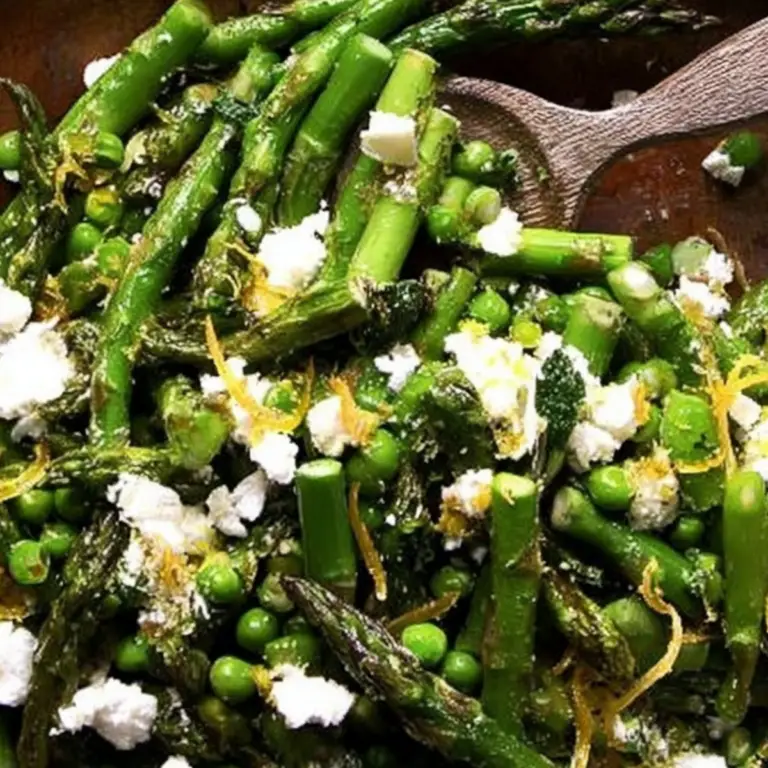 Fresh asparagus salad with peas, feta, and mint on a plate