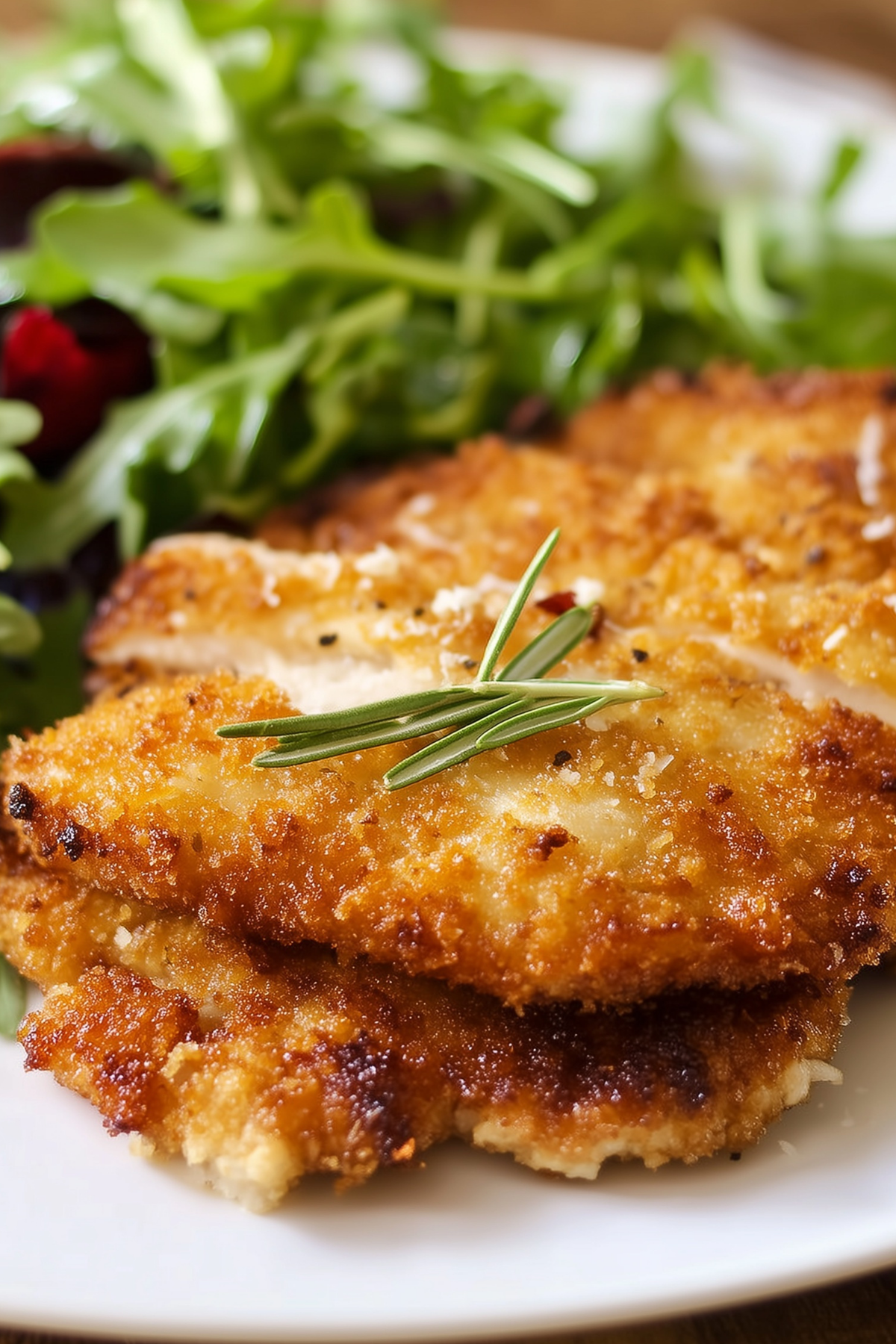 Fried chicken breast with crispy breading and fresh arugula topping