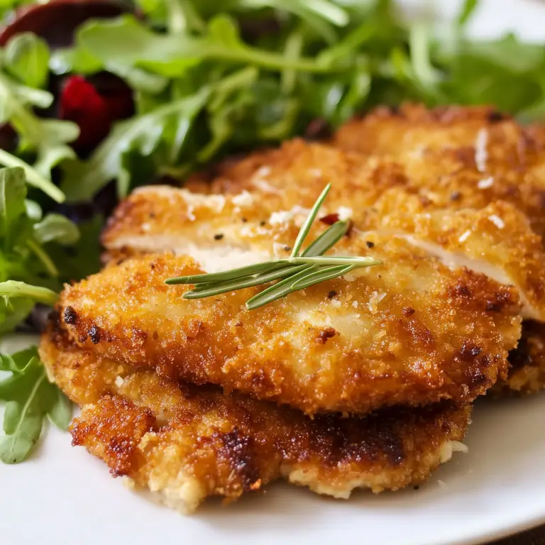 Fried chicken breast with crispy breading and fresh arugula topping