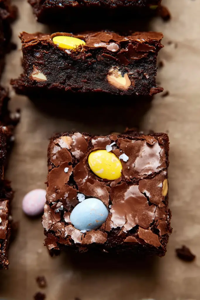 Fudgy Cadbury Egg Brownies with gooey chocolate center and mini eggs
