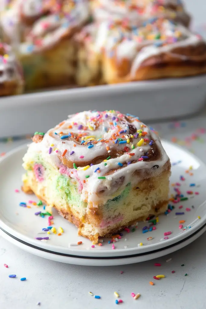 Funfetti cinnamon rolls with colorful sprinkles and cream cheese frosting