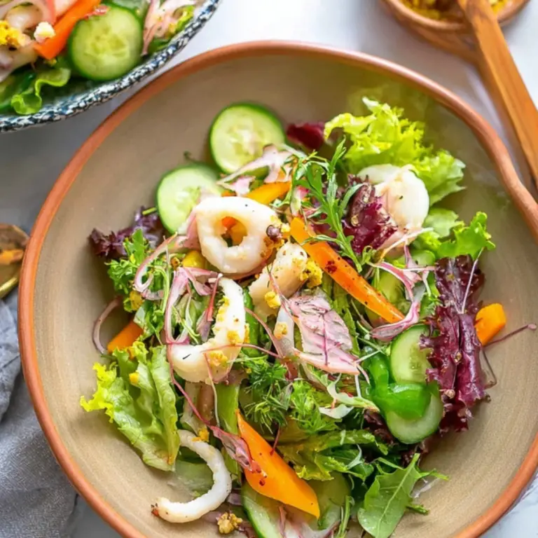 Garden salad with calamari served with fresh greens and citrus dressing
