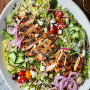 Grilled Chicken Salad with fresh vegetables and goat cheese