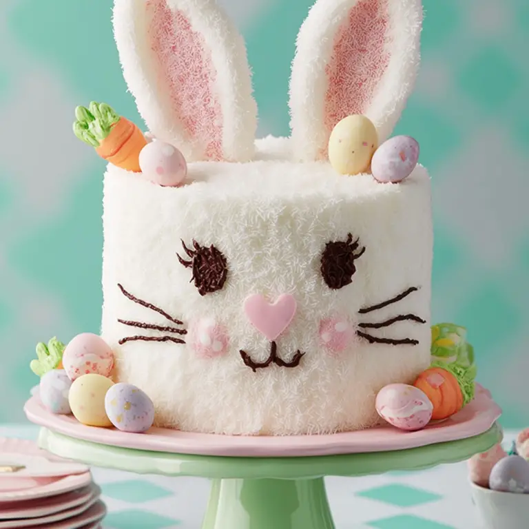 Hippity Hop Bunny Cake decorated with coconut and Easter candies