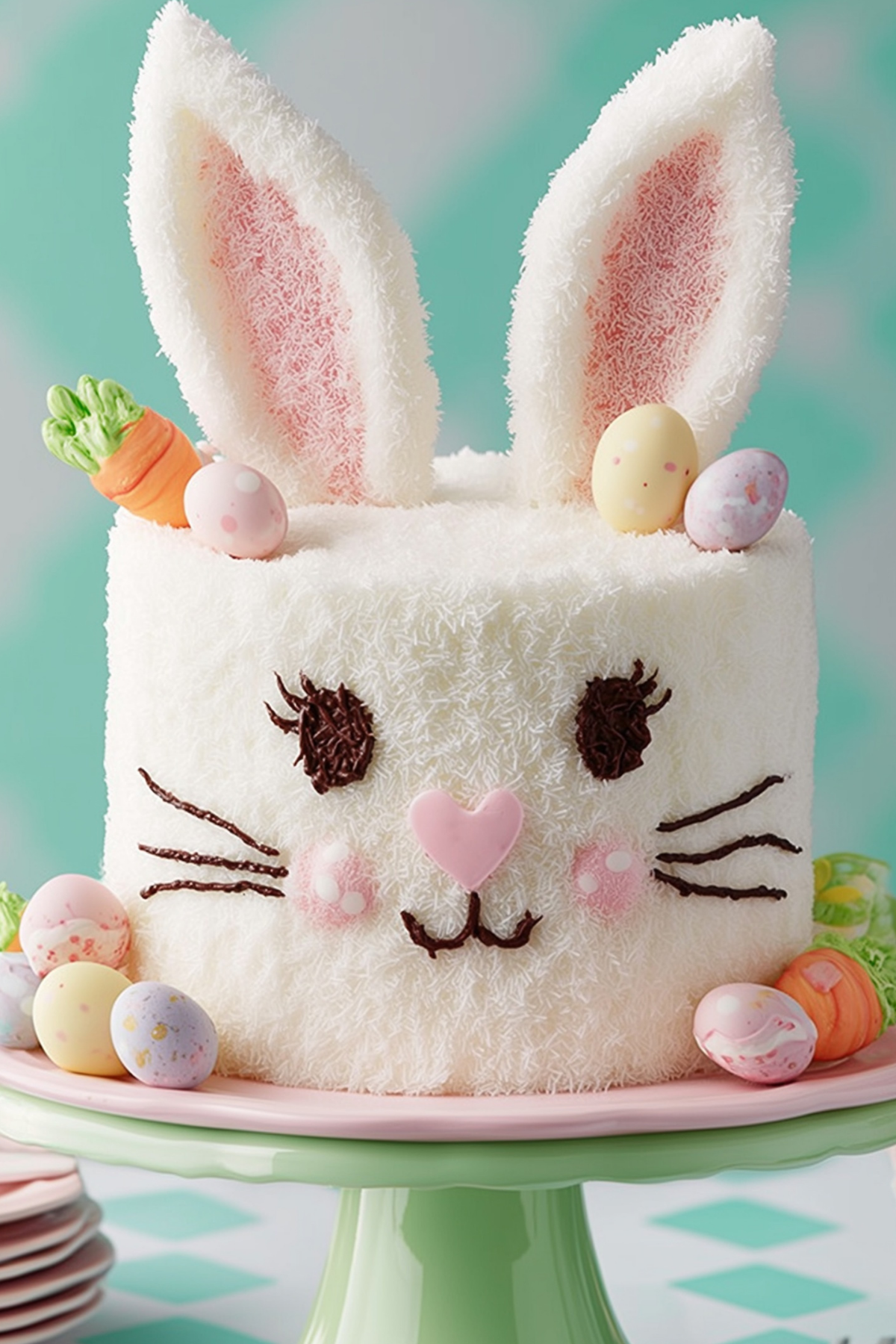 Hippity Hop Bunny Cake decorated with coconut and Easter candies