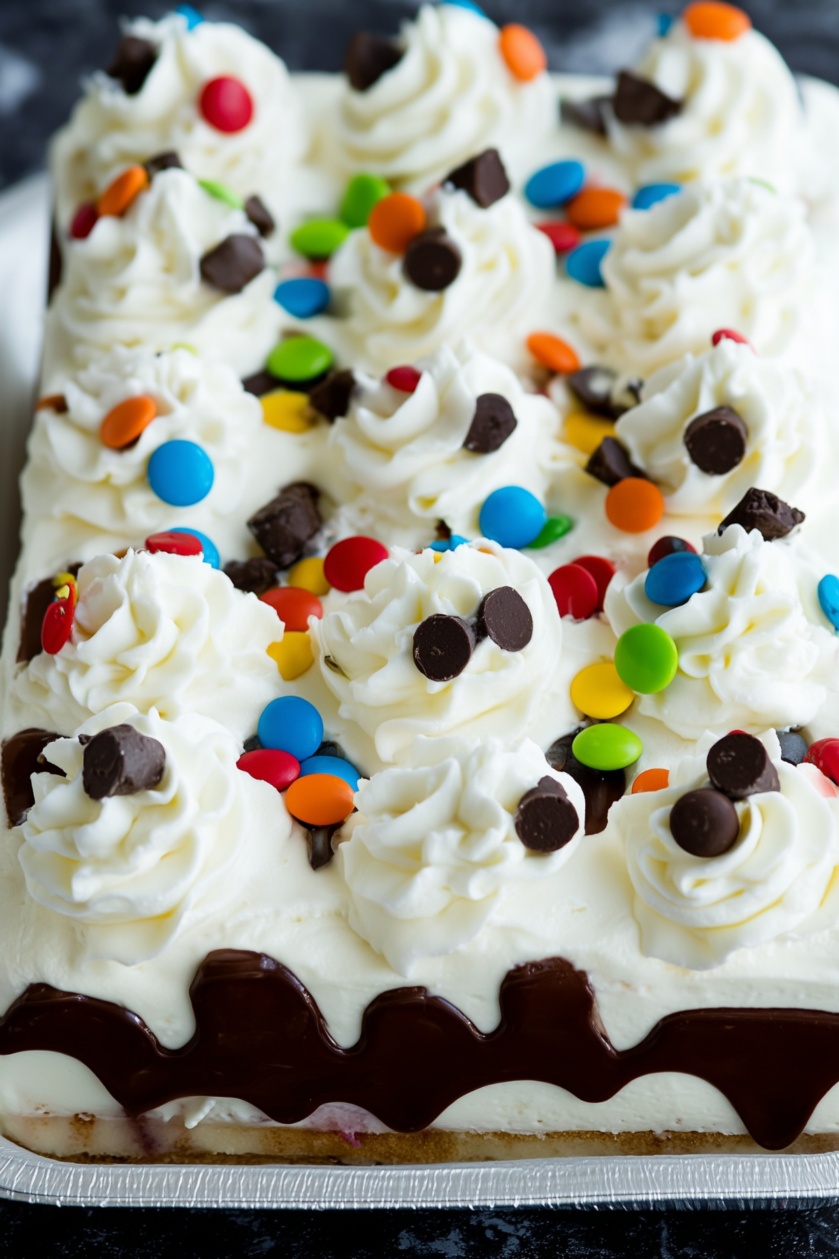 Ice Cream Sandwich Cake with chocolate chips and M&Ms
