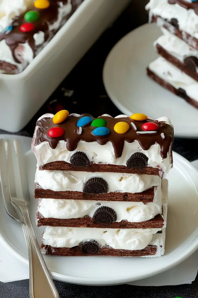 Ice Cream Sandwich Cake with chocolate chips and M&Ms