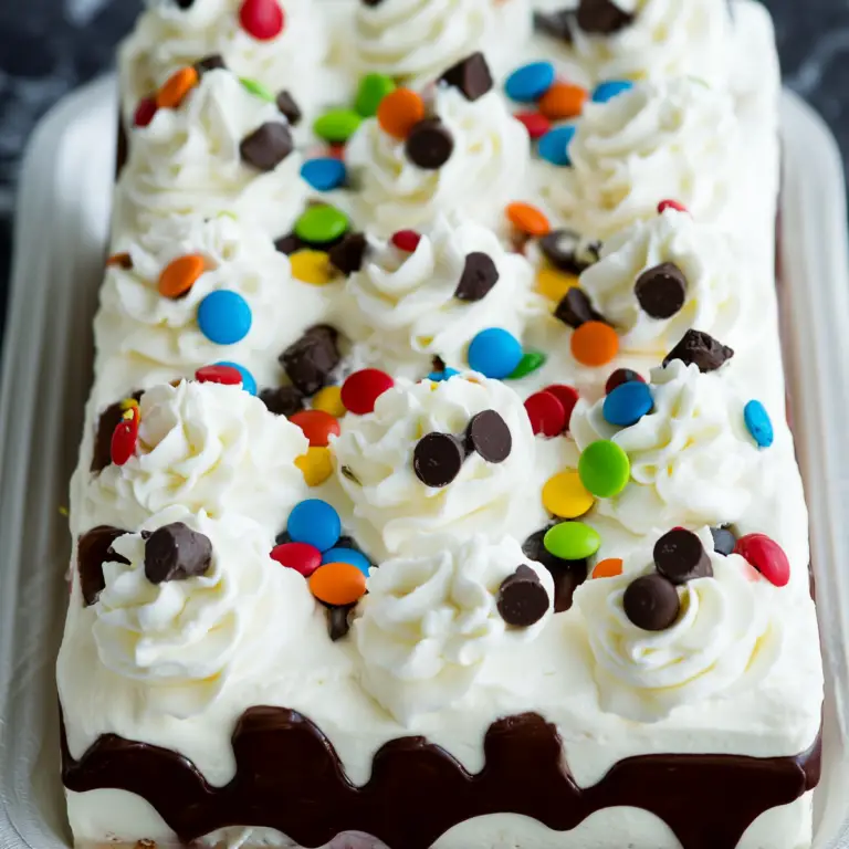 Ice Cream Sandwich Cake with chocolate chips and M&Ms