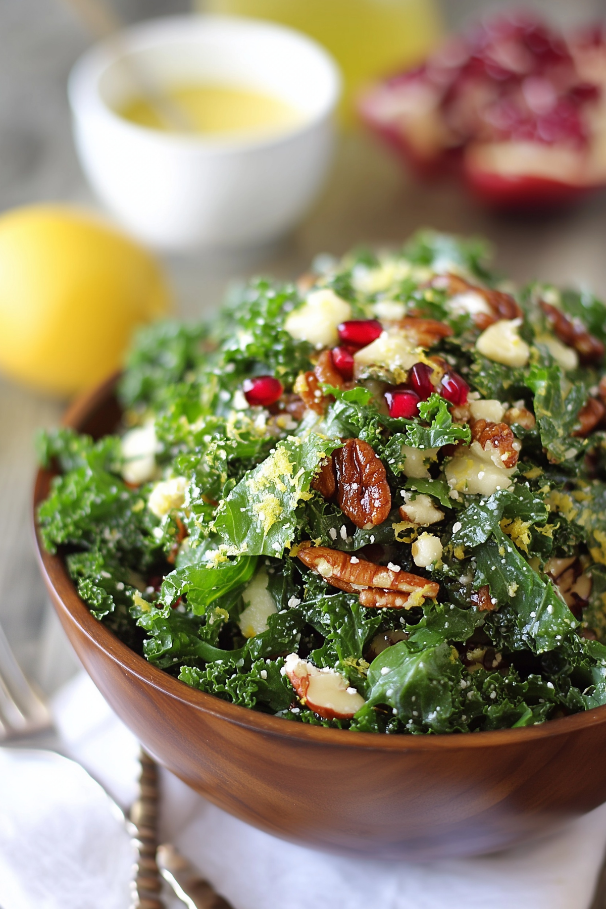 Kale Salad with Meyer Lemon Vinaigrette in a bowl with fresh toppings