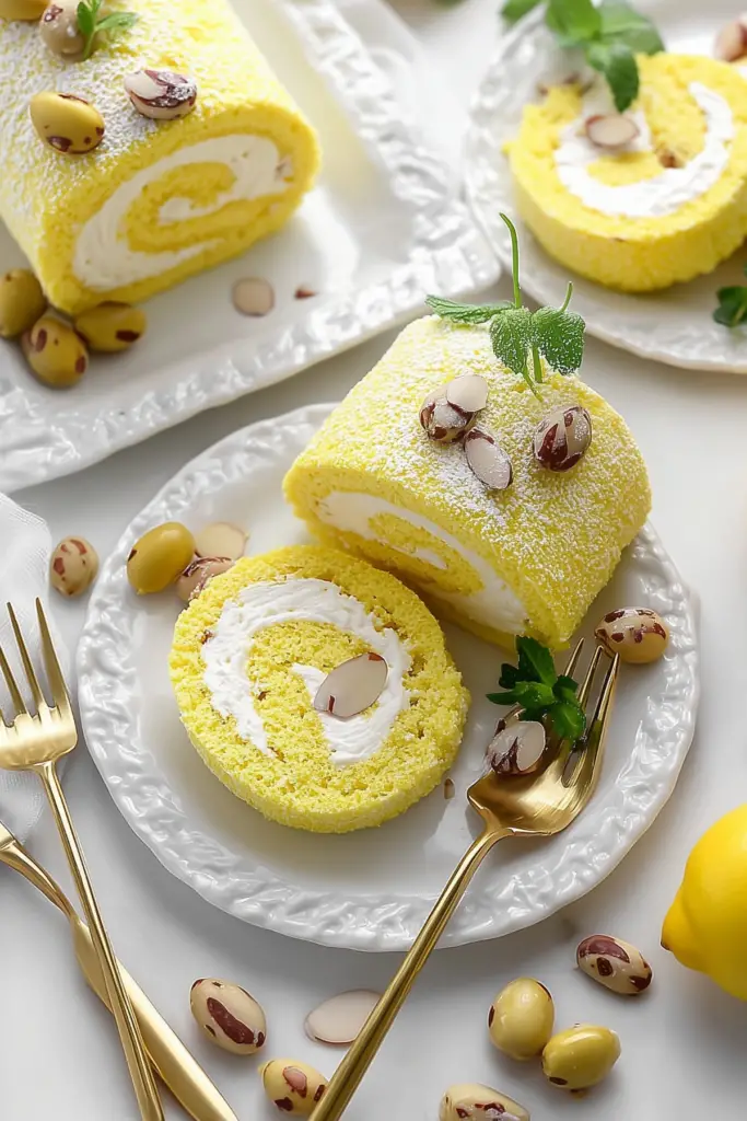 Limoncello Almond Cake Roll with creamy lemon filling and almond sponge