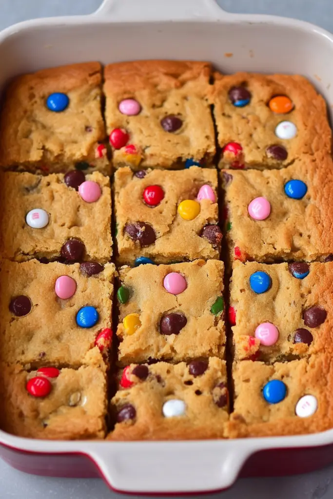 M&M Cookie Bars soft chewy dessert bars with chocolate candies
