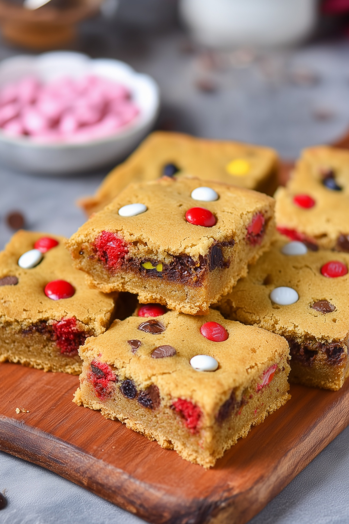 M&M Cookie Bars soft chewy dessert bars with chocolate candies