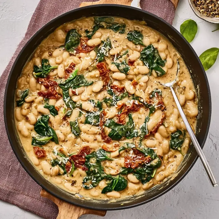 Marry Me White Bean & Spinach Skillet with creamy sauce and fresh spinach
