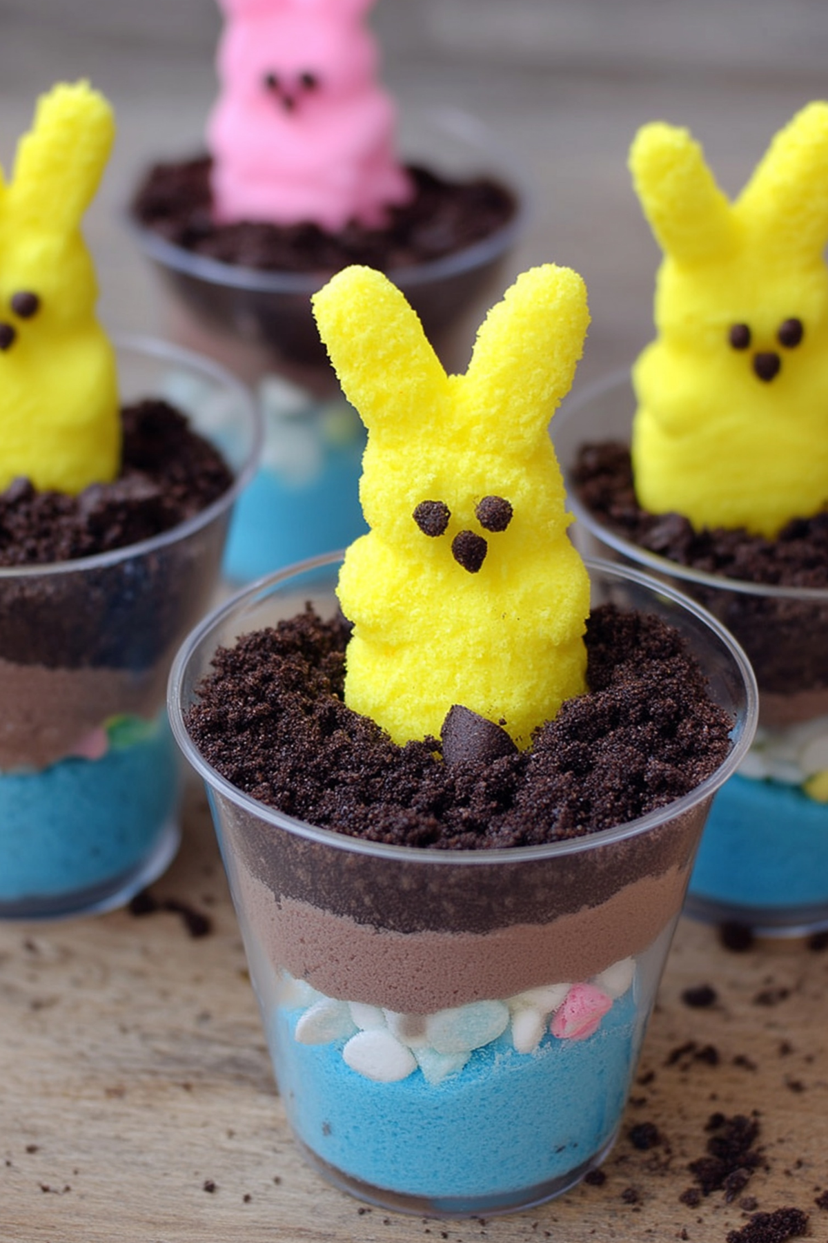 PEEPS Easter Bunny Dirt Cups with chocolate pudding, crushed Oreos, and colorful decorations