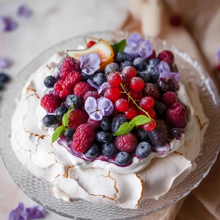 Pavlova with strawberry rhubarb topping and whipped cream