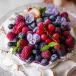 Pavlova with strawberry rhubarb topping and whipped cream