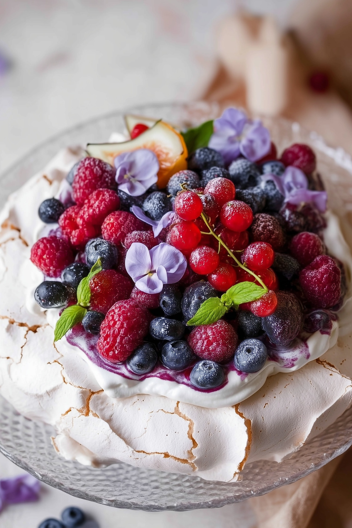 Pavlova with strawberry rhubarb topping and whipped cream