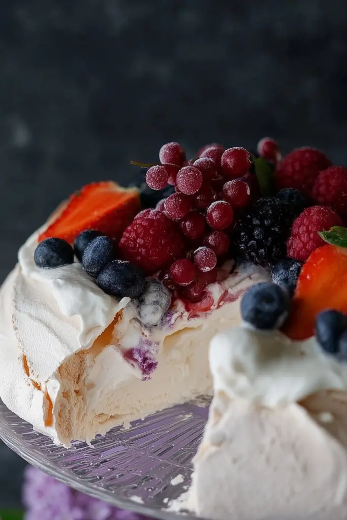 Pavlova with strawberry rhubarb topping and whipped cream