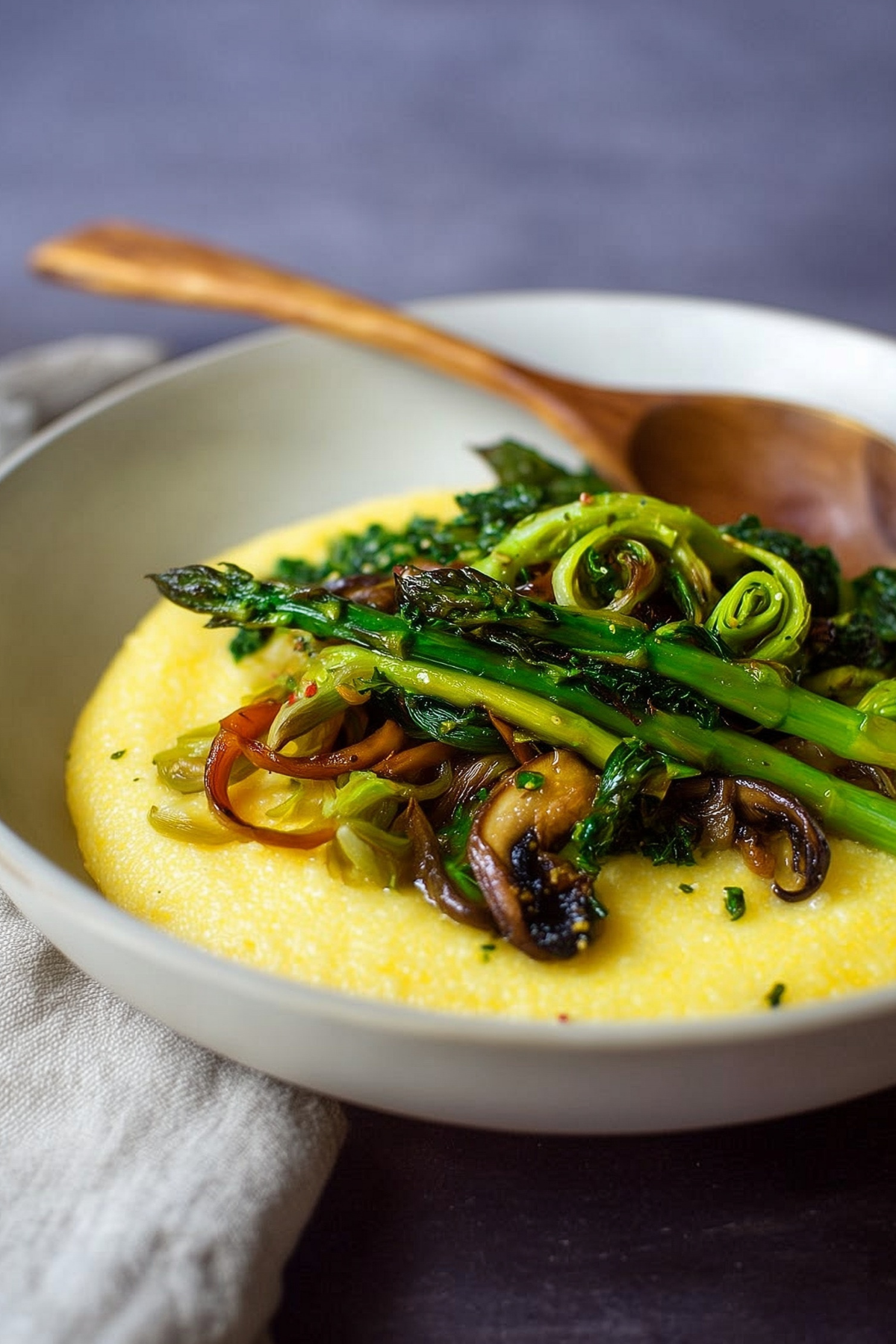 Creamy Polenta with Spring Veggies served with fresh herbs and gremolata