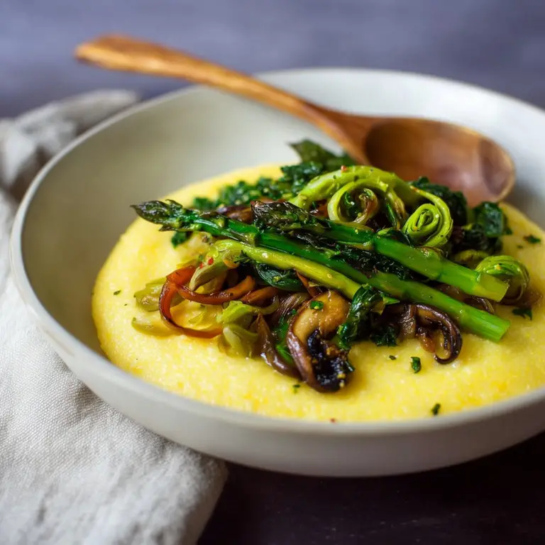 Creamy Polenta with Spring Veggies served with fresh herbs and gremolata