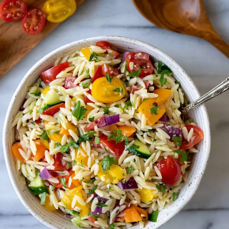 Rainbow Orzo Salad with fresh vegetables and pasta