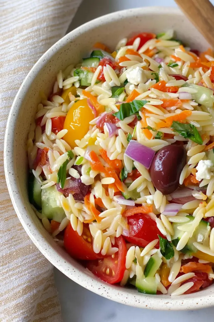 Rainbow Orzo Salad with fresh vegetables and pasta