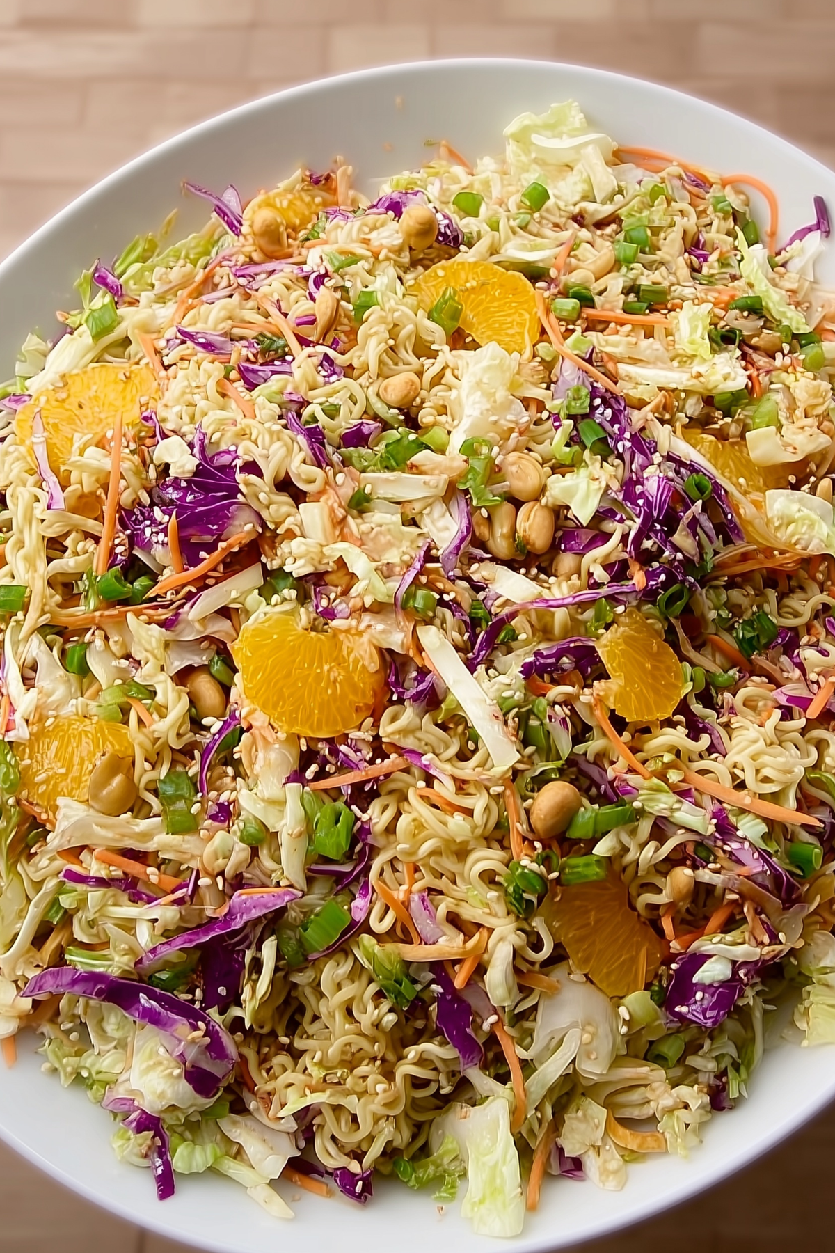 Ramen noodle salad with fresh vegetables and crunchy toppings