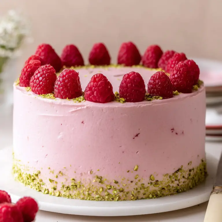 Raspberry Pistachio Cake layered with raspberry filling and pistachio frosting