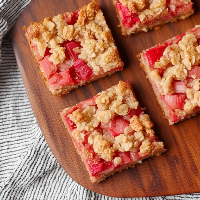 Freshly baked rhubarb oatmeal bars with crumbly topping