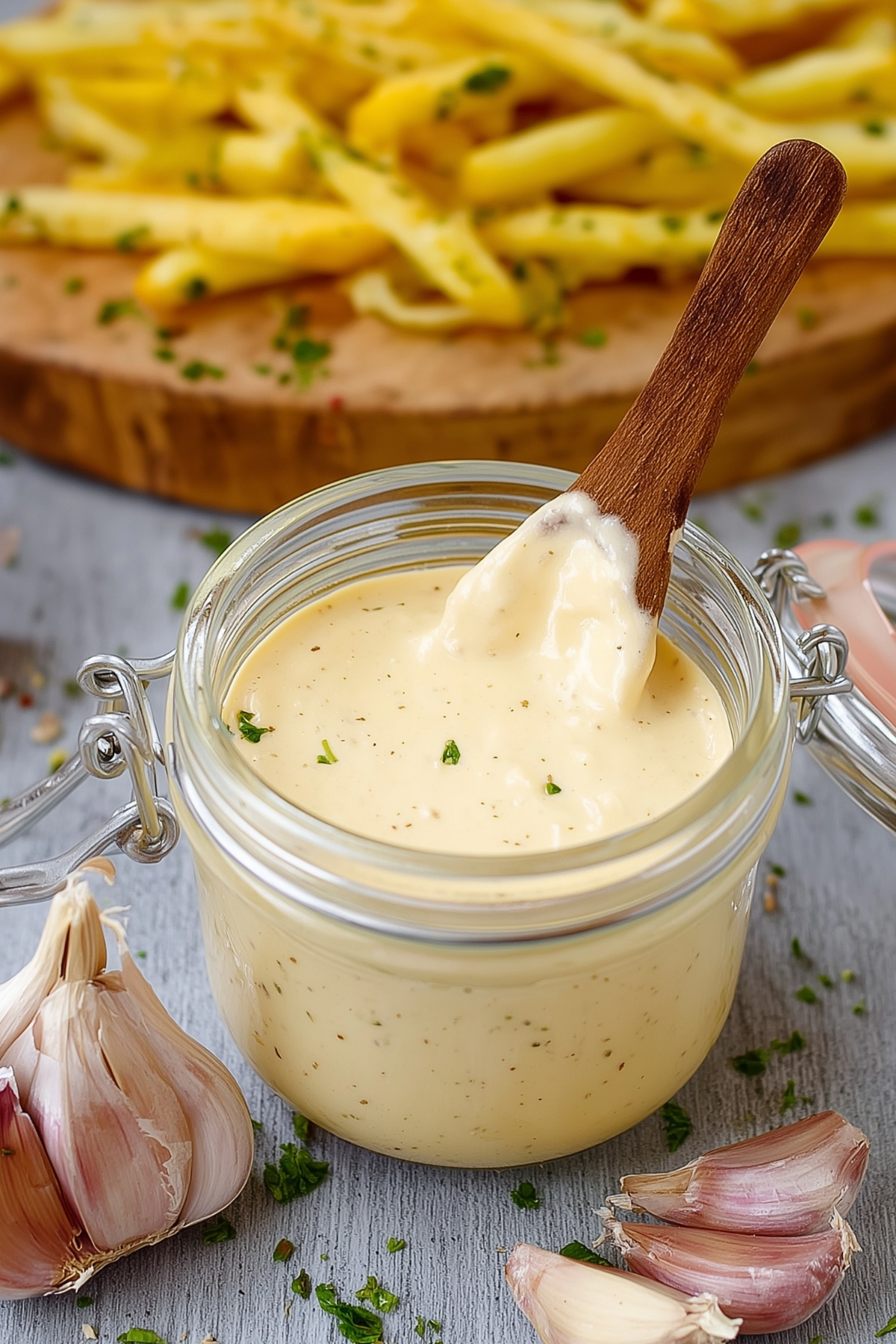 Roasted garlic aioli served with fries and vegetables