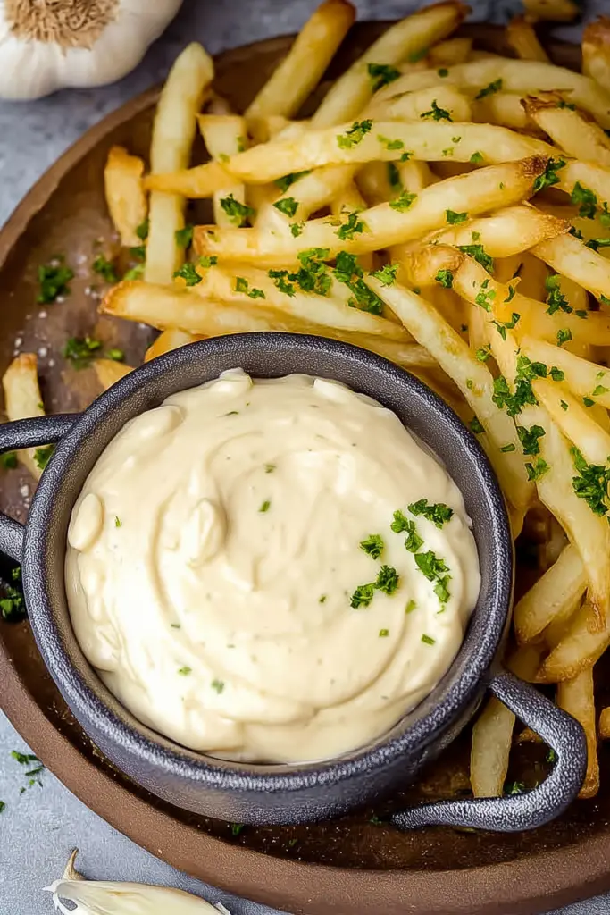 Roasted garlic aioli served with fries and vegetables