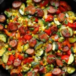 Sausage and Veggies Skillet with bell peppers, zucchini, and corn in a pan