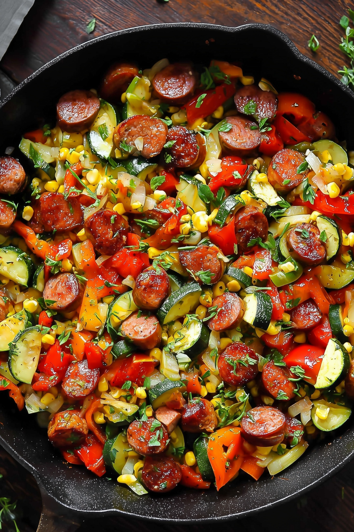 Sausage and Veggies Skillet with bell peppers, zucchini, and corn in a pan