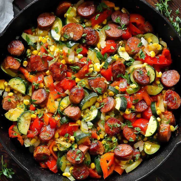 Sausage and Veggies Skillet with bell peppers, zucchini, and corn in a pan