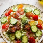 Fresh and healthy cottage cheese salad with vegetables in a bowl
