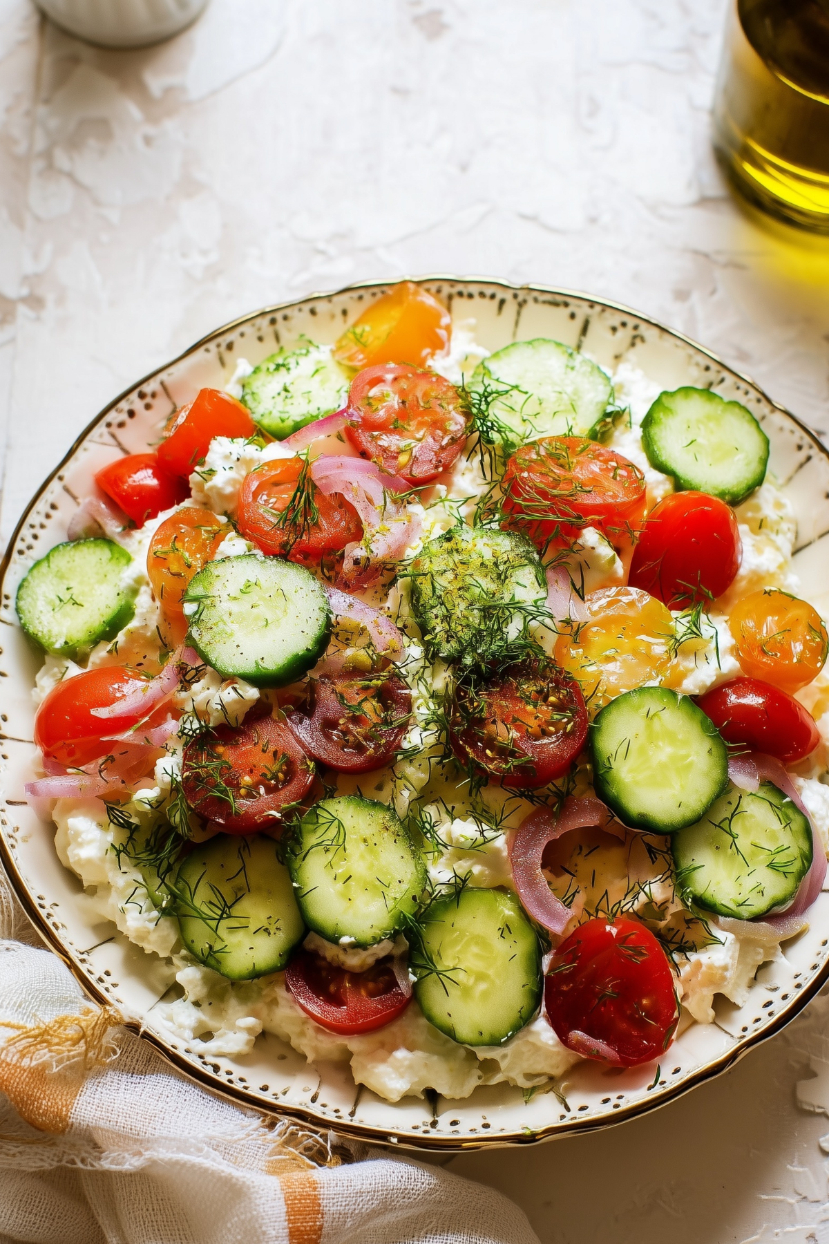 Fresh and healthy cottage cheese salad with vegetables in a bowl