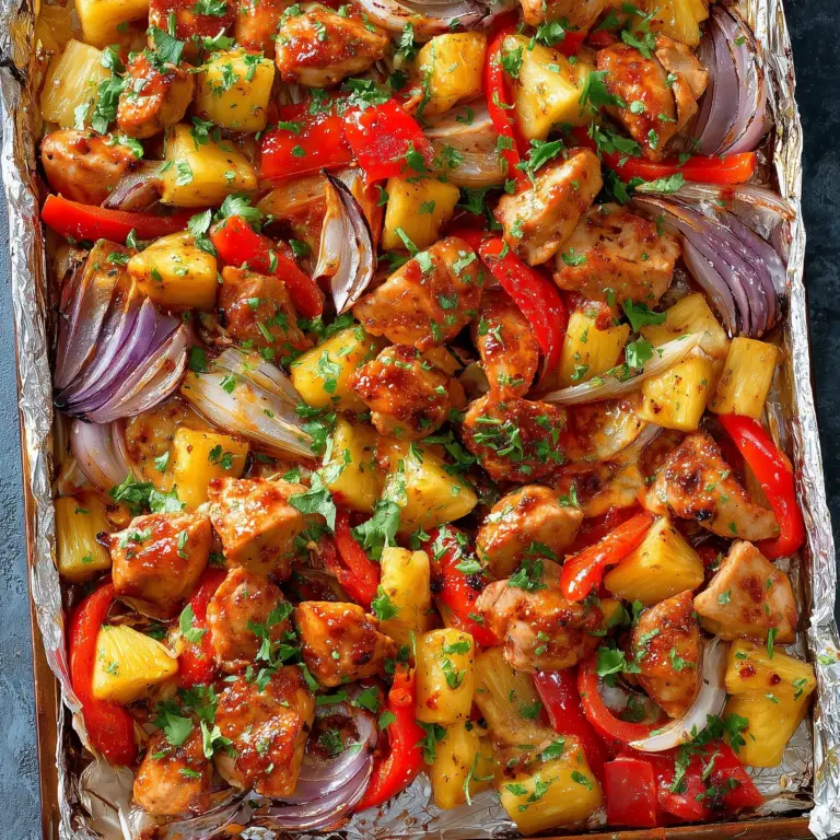 Sheet Pan Hawaiian Chicken with pineapple, bell peppers, and chicken
