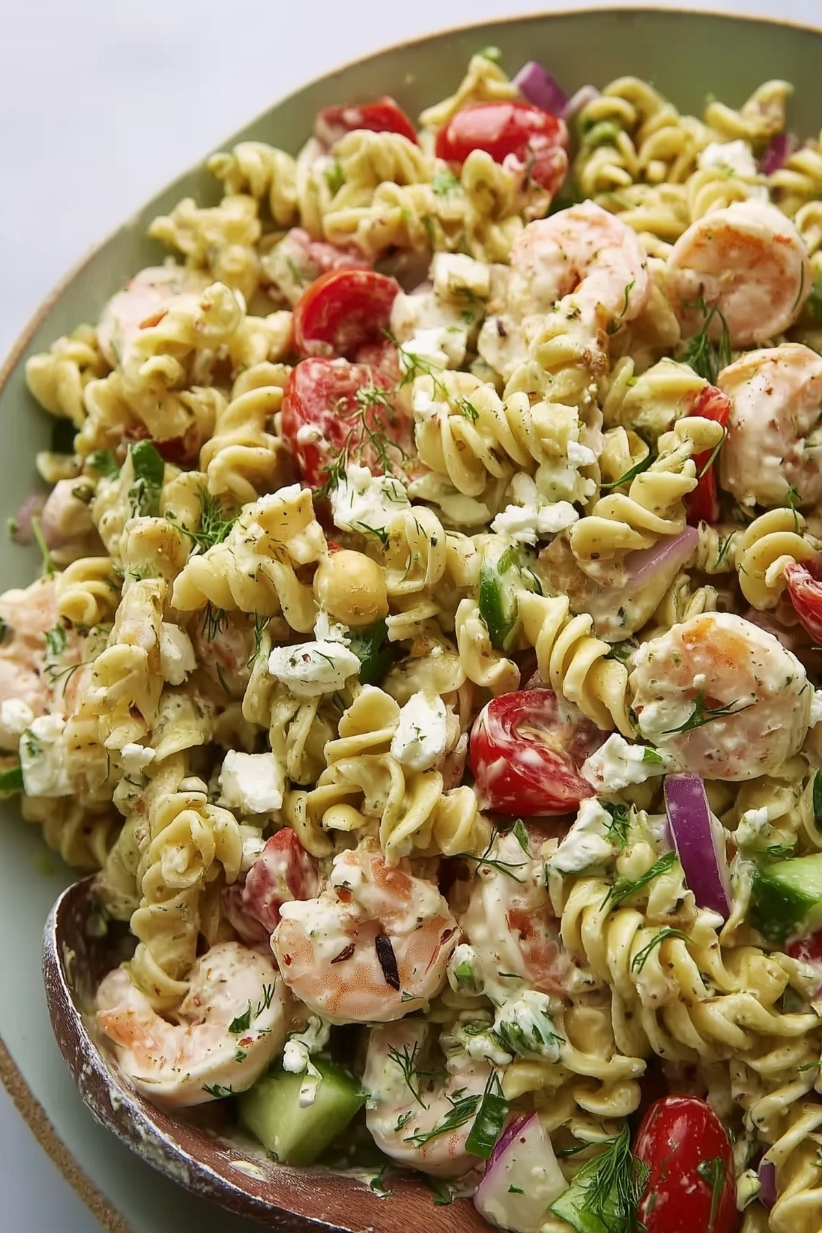 Shrimp Pasta Salad with fresh vegetables and creamy dressing