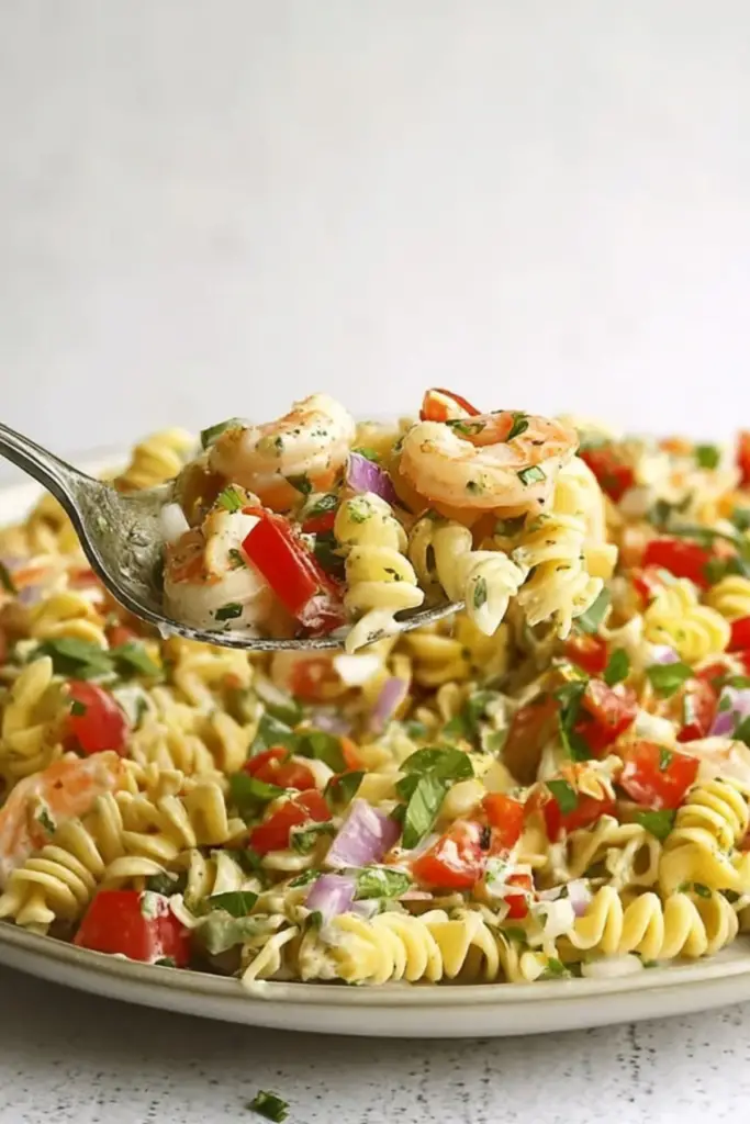 Shrimp Pasta Salad with fresh vegetables and creamy dressing