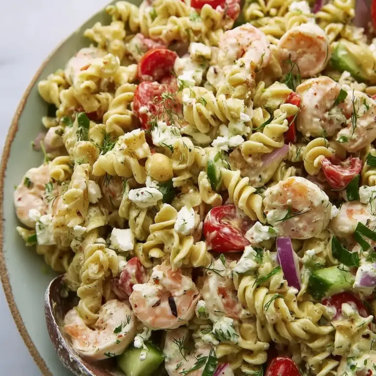 Shrimp Pasta Salad with fresh vegetables and creamy dressing