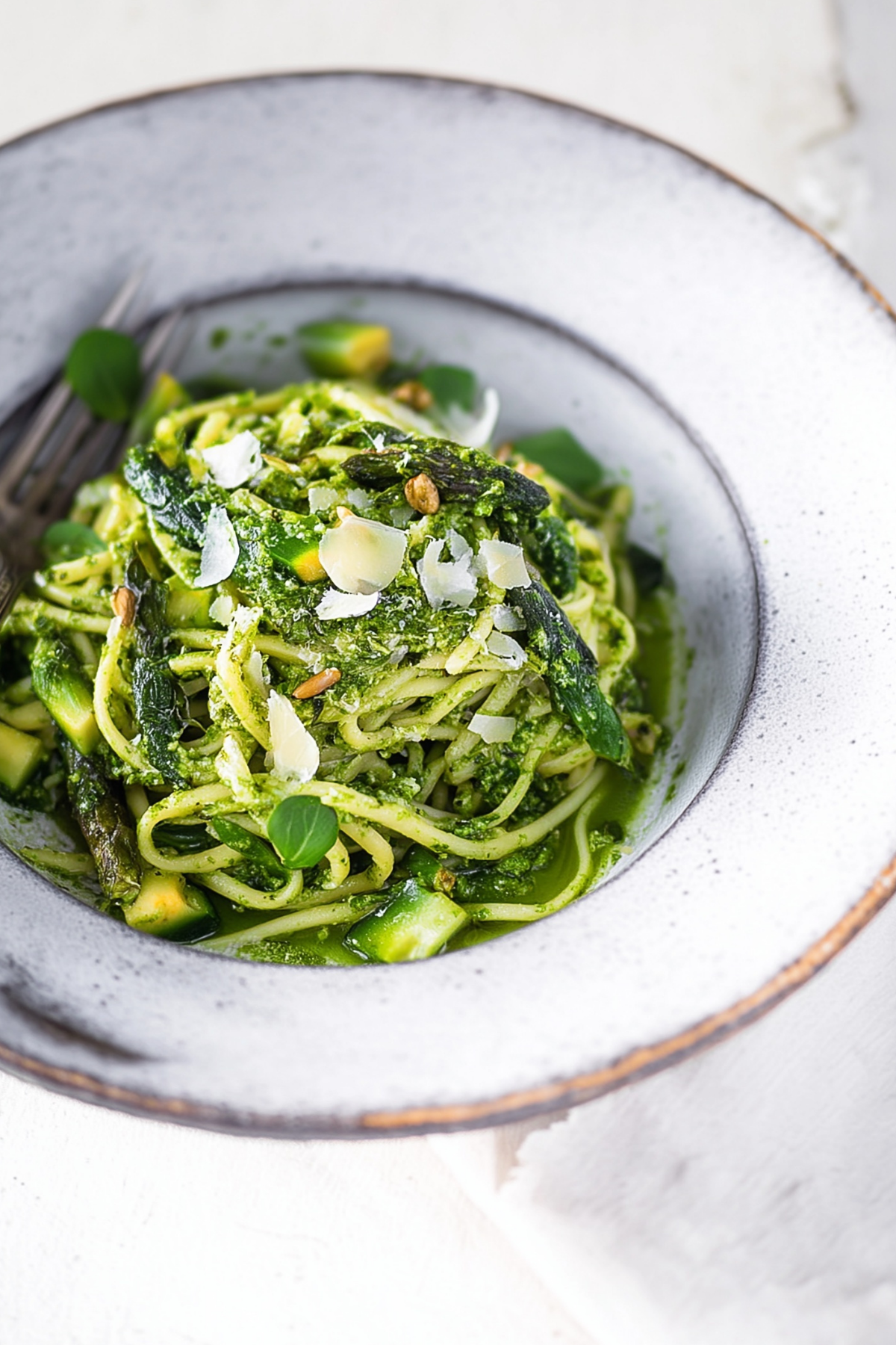 Spring Pasta with Nettle Pesto served with fresh lemon zest and pine nuts