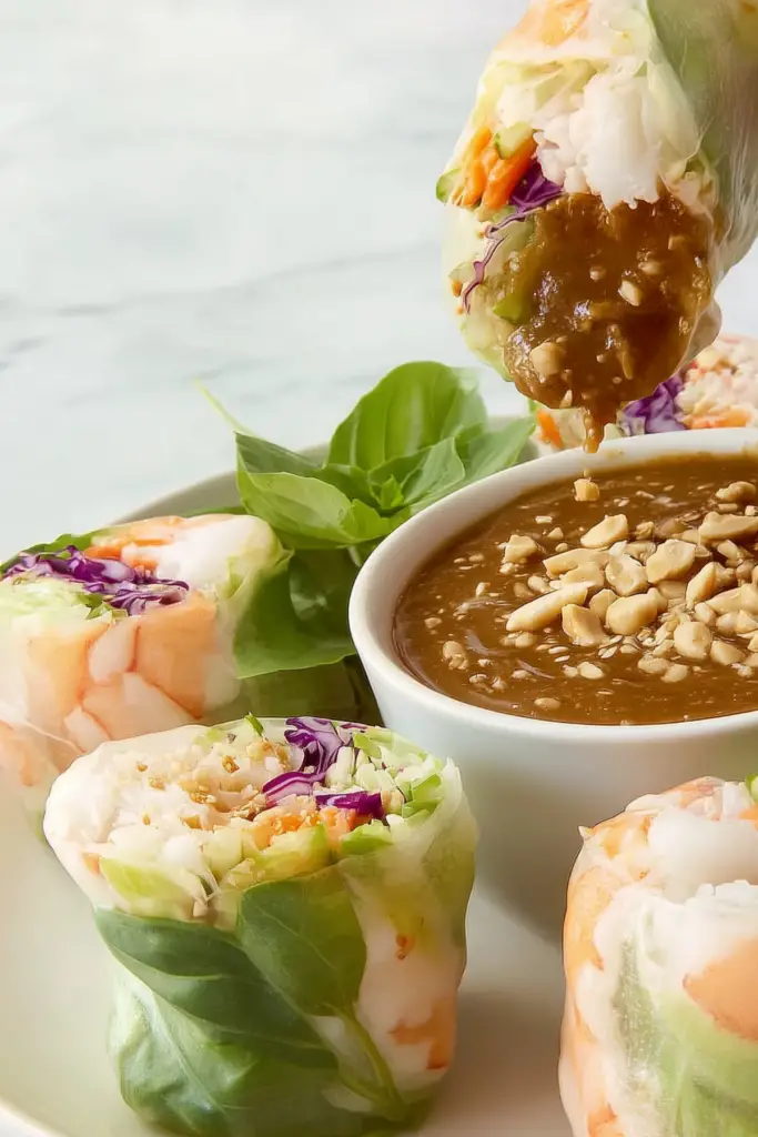 "Summer rolls with shrimp, vegetables, and fresh herbs