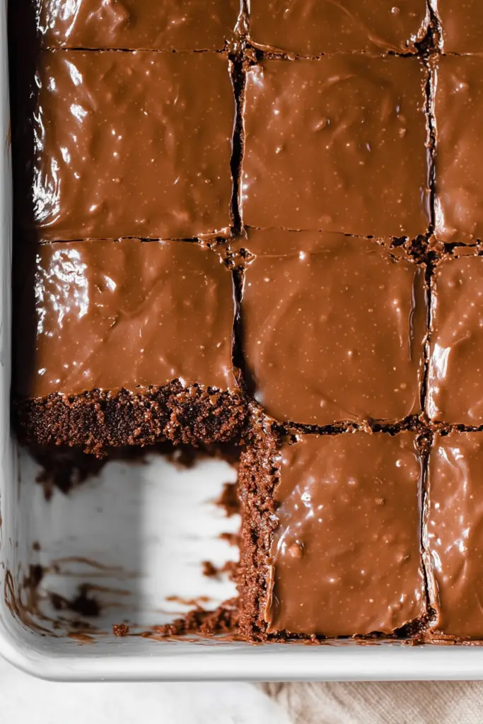 Texas Sheet Cake with rich chocolate frosting and moist texture