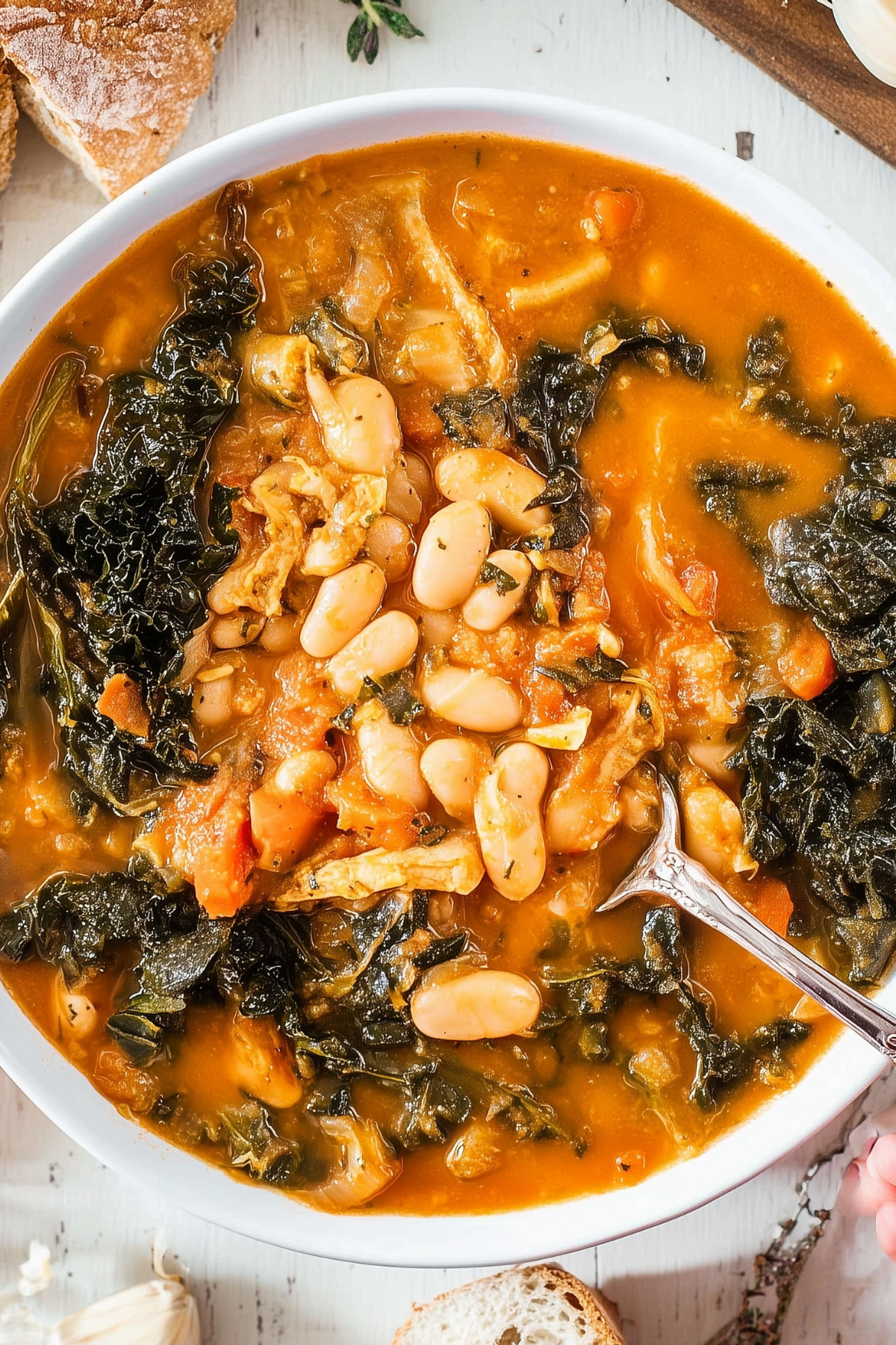 Tuscan White Bean Soup served in a bowl with a spoon