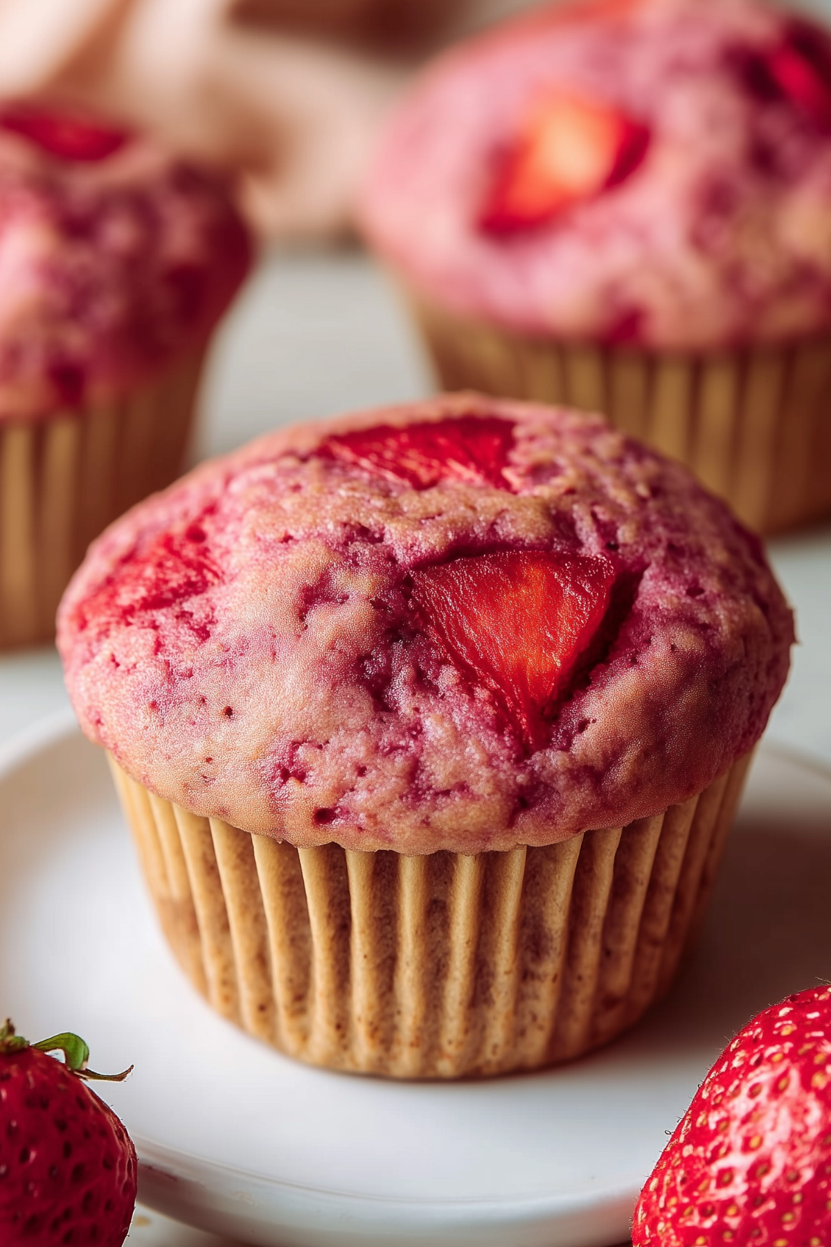 vegan double strawberry muffins recipe with fresh strawberries