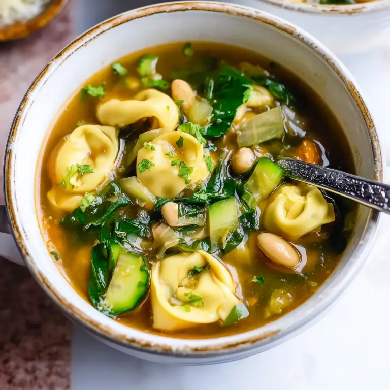 Vegetarian Tortellini Soup with spinach and white beans in a bow