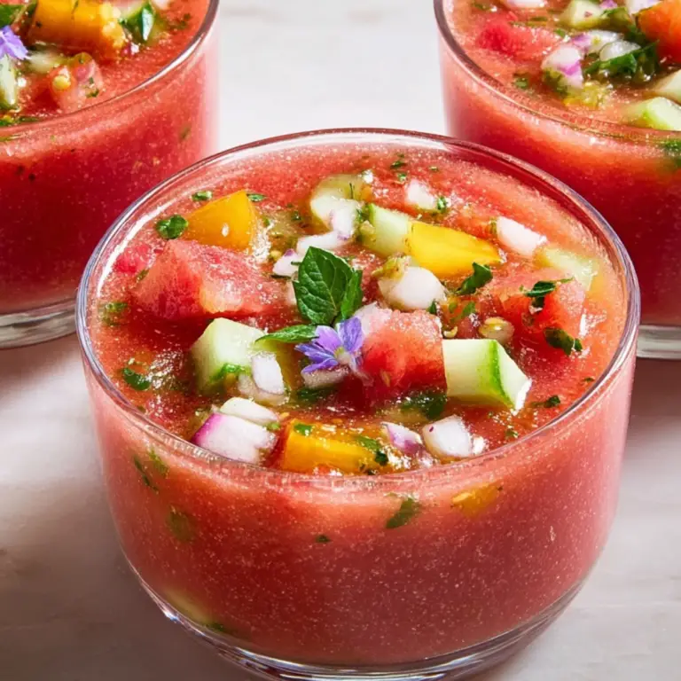 Watermelon Gazpacho served in a bowl with fresh herbs and vegetables